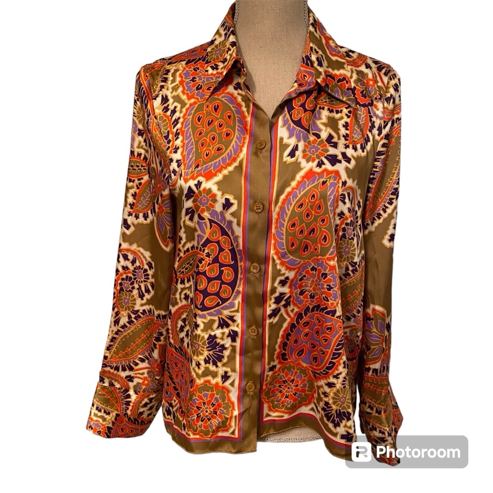 ZARA BLOUSE TOP BUTTON DOWN GOLD ORANGE BLUE WHITE FLORAL PRINT SIZE S
